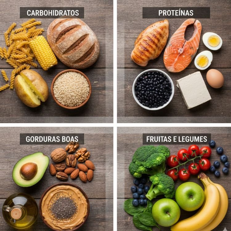 grupos alimentares essenciais para uma alimentação saudável; carboidratos, proteínas, gorduras boas, frutas e legumes
