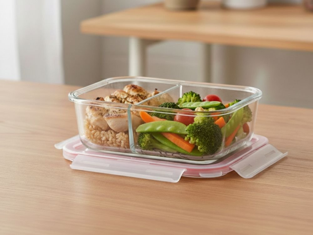 marmita de vidro com divisória no dia a dia